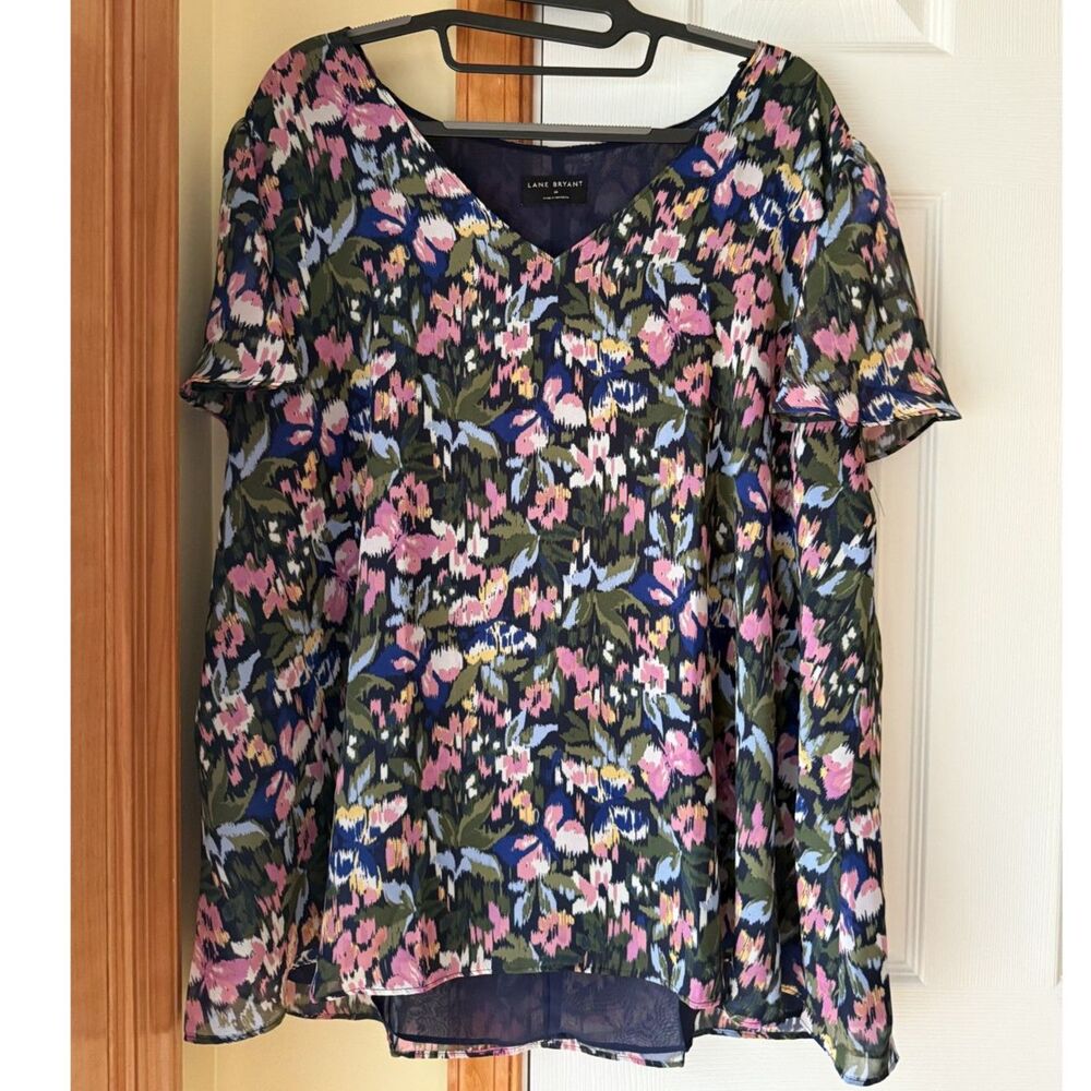 Lane Bryant Floral Flutter Sleeve Chiffon V-Neck Blouse Tunic Top Size 16